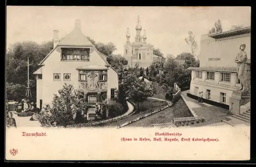 AK Darmstadt, Mathildenhöhe, Haus in Rosen, Russische Kapelle, Ernst Ludwig-Haus