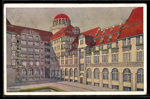 Künstler-AK Leipzig, Verband Deutscher Handlunggehilfen Geschäftshaus Zeitzer Strasse, Teilansicht vom Mittelbau