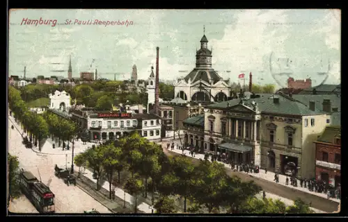 AK Hamburg-St. Pauli, Reeperbahn, Kirche, Strassenbahn