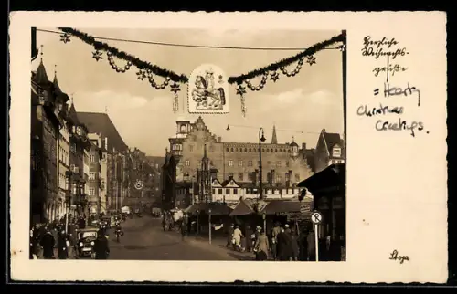 AK Nürnberg, Christkindlesmarkt, Rathaus, Strassenansicht, Weihnachtsdekoration