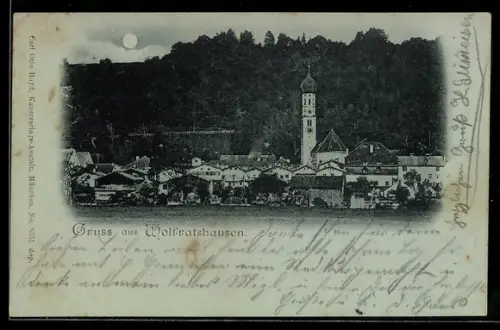 Mondschein-AK Wolfratshausen, Ortsansicht mit Kirche und Häusern