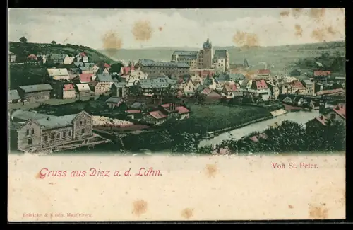 AK Diez a. d. Lahn, Gesamtansicht von St. Peter, Schloss, Lahnbrücke