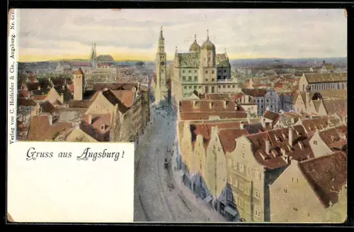 Künstler-AK Augsburg, Rathaus, Perlachturm, Ortsansicht aus der Vogelschau