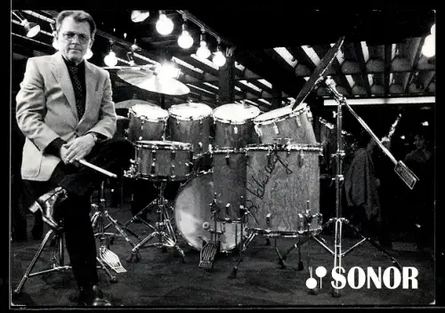 AK Benno Schilling, Portrait mit Sonor-Schlagzeug, Autograph
