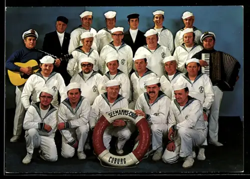 AK Seemanns-Chor Coburg des MK Admiral Scheer, Portrait mit Instrumenten, Rettungsring, rückseitig Autograph