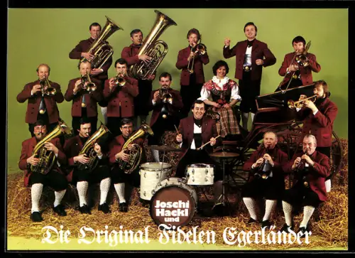 AK Fidele Egerländer, Portrait mit Instrumenten, rückseitig Autograph Joschi und Hacki