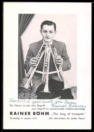 AK Rainer Böhm, Portrait mit drei Trompeten, Autograph