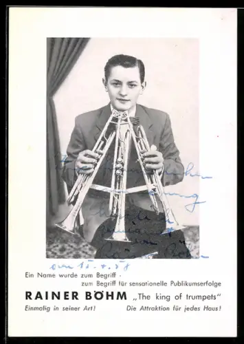 AK Rainer Böhm, Portrait mit drei Trompeten, Autograph 1958
