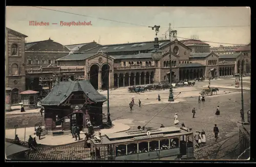 AK München, Hauptbahnhof, Strassenbahn, Platzansicht