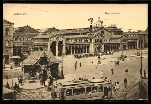 AK München, Hauptbahnhof, Strassenbahn, Platzansicht
