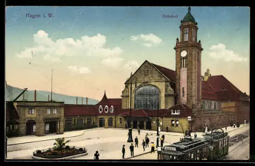 AK Hagen i. W., Bahnhof, Strassenbahn