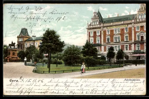 AK Gera, Hotel Frommater, Adelheidplatz, Reiterdenkmal