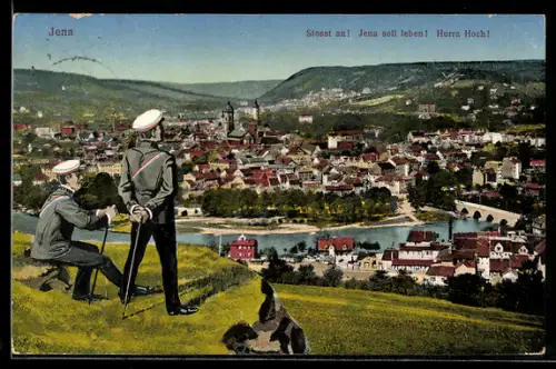 AK Jena, Panorama mit Blick auf die Stadt und Studenten in Couleur
