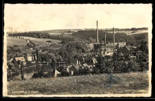 AK Lunzenau a. d. Mulde, Ortspanorama mit Fabrikanlagen und Brücke