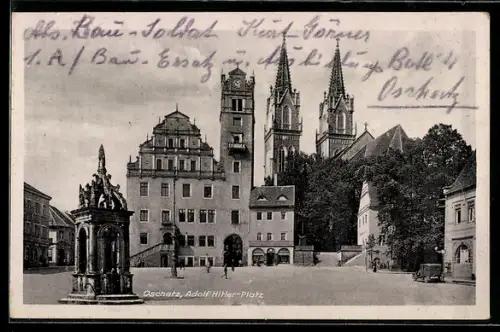 AK Oschatz, Platz, Brunnen, Rathaus, Kirche