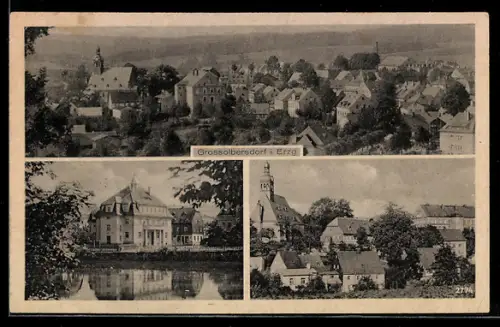 AK Grossolbersdorf i. Erzgeb., Ortsansicht, Kirche, grosses Gebäude am Teich