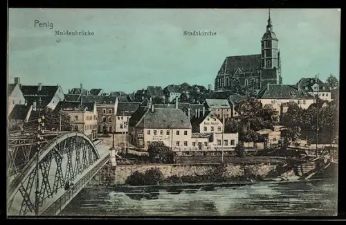 AK Penig, Muldenbrücke, Stadtkirche