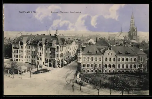 AK Zwickau i. Sa., Innere Plauenschestrasse aus der Vogelschau