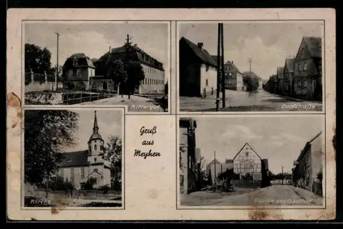 AK Meyhen, Rittergut, Dorfstrasse, Kirche, Partie am Gasthof