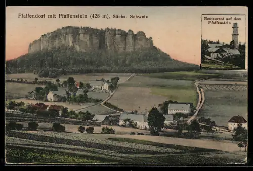 AK Pfaffendorf /Sächsische Schweiz, Ortsansicht mit Pfaffenstein, Restaurant auf dem Pfaffenstein