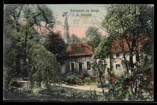 AK Burgk b. Dresden, Schlosspark, Gebäude, Kirchturm