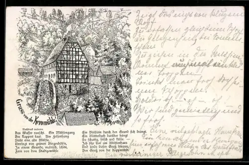 Künstler-AK Dresden-Hosterwitz, Keppmühle, Fachwerkhaus, Gedicht