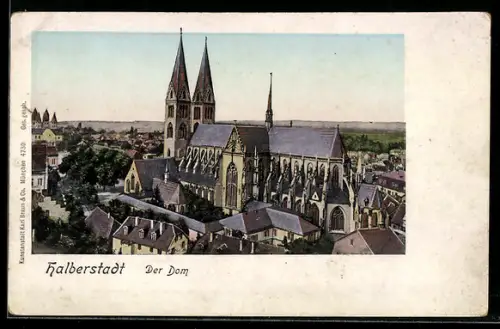 Goldfenster-AK Halberstadt, Dom aus der Vogelschau, mit goldenen Fenstern
