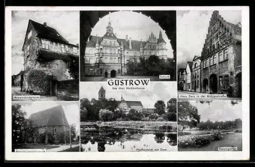 AK Güstrow, Haus Derz, Schloss, Pfaffenteich mit Dom, Armesünderturm