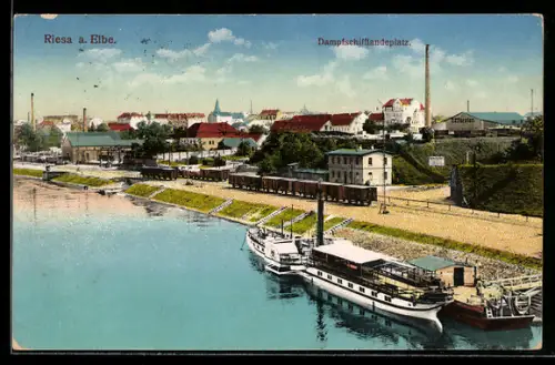 AK Riesa a. Elbe, Dampfschifflandeplatz und Ort