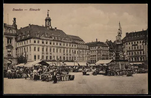 AK Dresden, Altmarkt, Marktstände, Brunnen, historische Gebäude