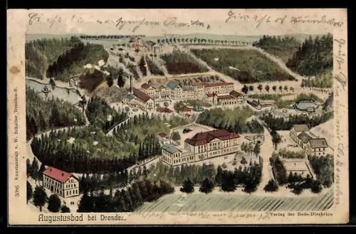 Künstler-AK Augustusbad bei Dresden, Ortsansicht aus der Vogelschau