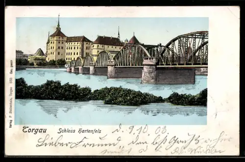 Goldfenster-AK Torgau, Schloss Hartenfels und Elbbrücke