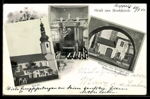 AK Hochkirch, Kirche, Altar, Eingang zum Kirchhof mit Kriegerdenkmal