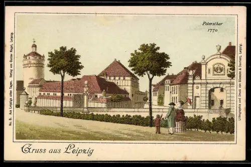 Lithographie Leipzig, Petersthor 1770, Turm
