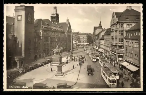 AK Chemnitz, Markt, Rathaus, Denkmal, Strassenbahnen