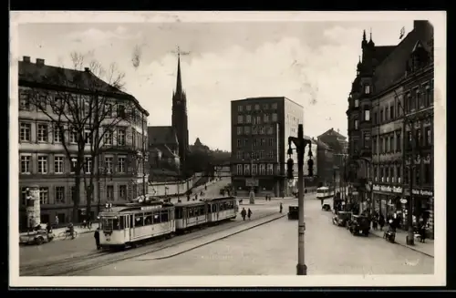 AK Chemnitz, Strassenbahnen, Geschäftshäuser, Kirche