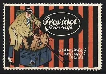 Reklamemarke Providol Reise-Seife, Reisender mit Koffer