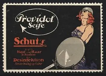 Reklamemarke Providol Seife, Kriegerin mit Schild