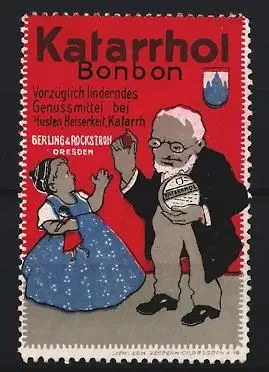 Reklamemarke Dresden, Gerling & Rockstroh, Katarrhol Bonbon, Mann mit Bonbon und Kind