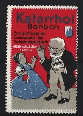 Reklamemarke Dresden, Gerling & Rockstroh, Katarrhol Bonbon, Arzt mit Kind