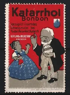 Reklamemarke Dresden, Gerling & Rockstroh, Katarrhol Bonbon, Arzt mit Kind