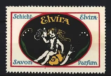 Reklamemarke Schicht, Elvira Savon Parfum, Figur mit Flasche