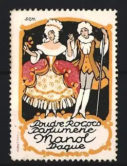 Reklamemarke Poudre Rococo, Parfumerie Manol, Rokoko-Paar