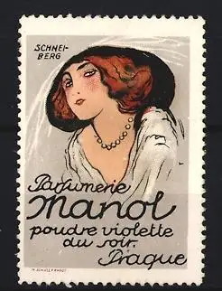 Künstler-Reklamemarke Schneiberg, Prag, Parfumerie Manol, elegante Dame