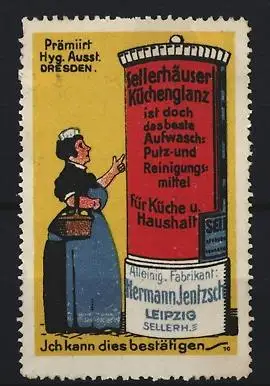 Reklamemarke Dresden, Hermann Jentzsch, Sellerhäuser Küchenglanz, Frau mit Litfasssäule
