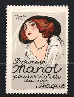 Künstler-Reklamemarke Schneiberg, Prag, Parfumerie Manol, Frau mit Hut