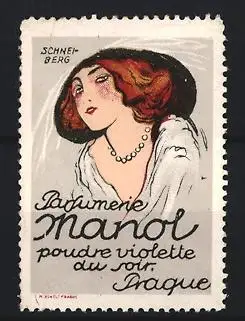 Künstler-Reklamemarke Schneiberg, Prag, Parfumerie Manol, elegante Frau mit Perlenkette