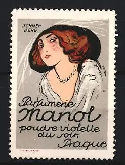 Künstler-Reklamemarke Schneiberg, Prag, Parfumerie Manol, elegante Frau mit Hut