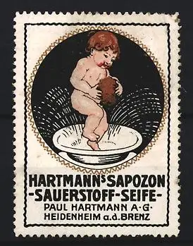 Reklamemarke Heidenheim, Hartmann`s Sapozon Sauerstoff-Seife, Kind in Schüssel