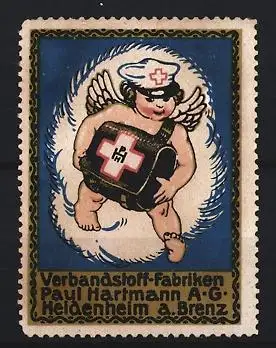 Reklamemarke Heidenheim, Verbandstoff-Fabriken Paul Hartmann A.G., Engel mit Verbandskasten